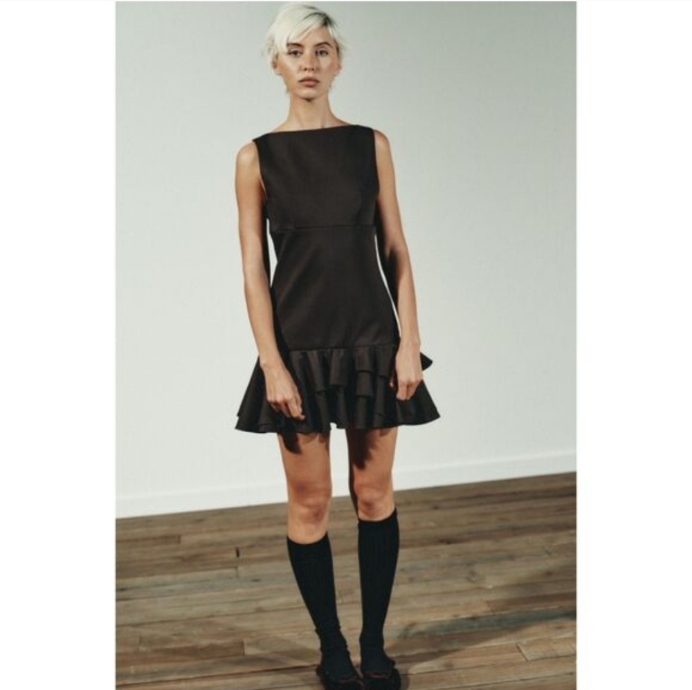 ZARA NWT Short Ruffled Dress in Chocolate Brown Size M - Picture 7 of 16